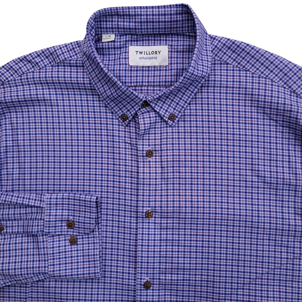 Twillory Dress Shirt Mens L XL Tailored Fit Blue Check Untuckable Button Down